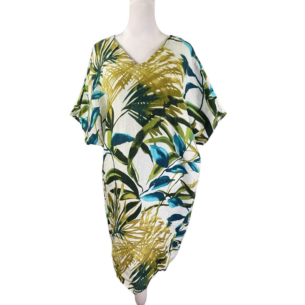 Chico's 1 (US 8/10) Linen Palm-Print Tunic Wedge Dress Dolman Sleeves Knee Lengt